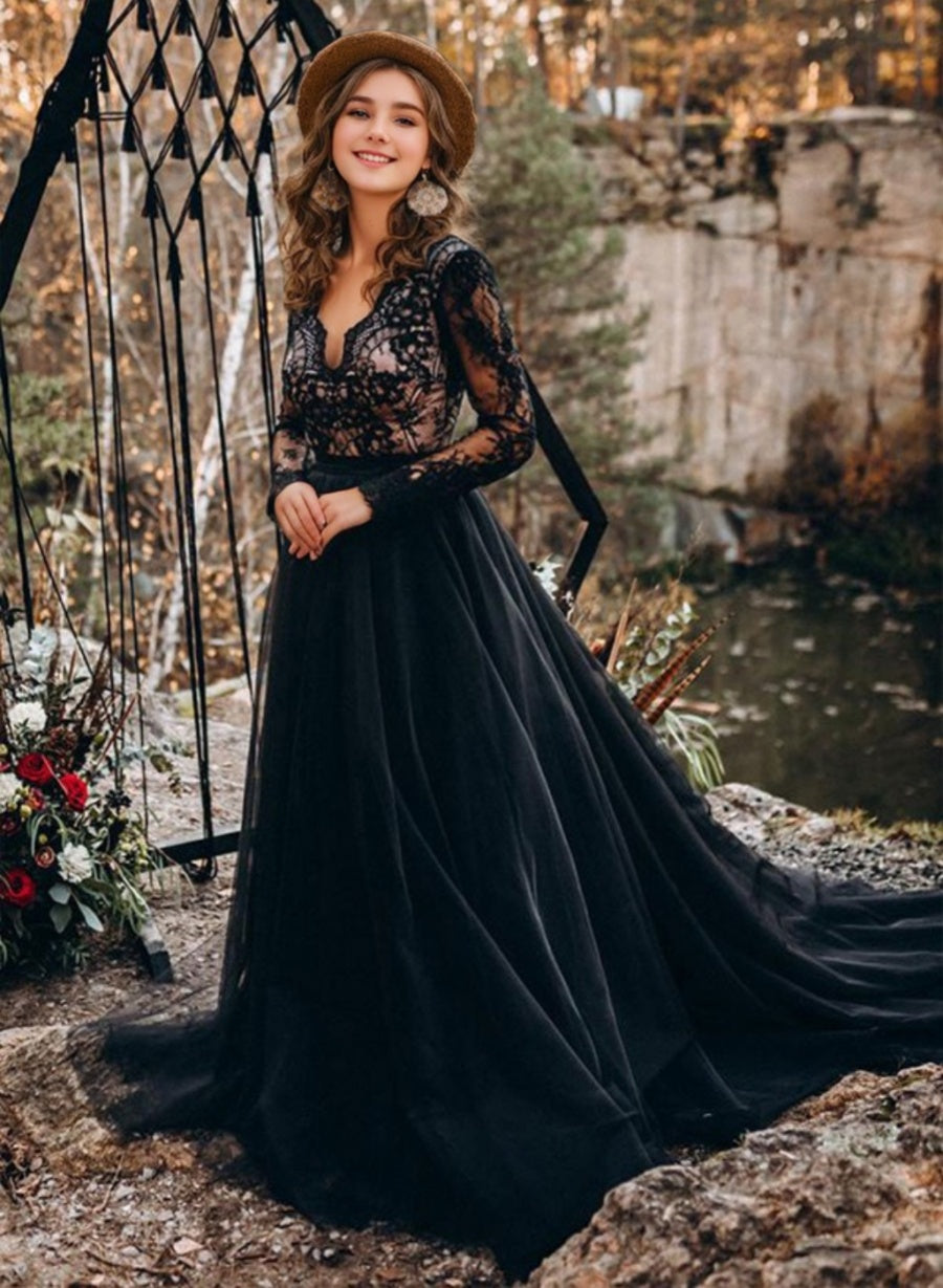 Boho Wedding Dresses Black 2026 Women's A-Line/Princess V-Neck Long Sleeve Lace Tulle Bridal Ball Gowns Black Boho Wedding Dresses Black 2026 Women's A-Line/Princess V-Neck Long Sleeve Lace Tulle Bridal Ball Gowns Black