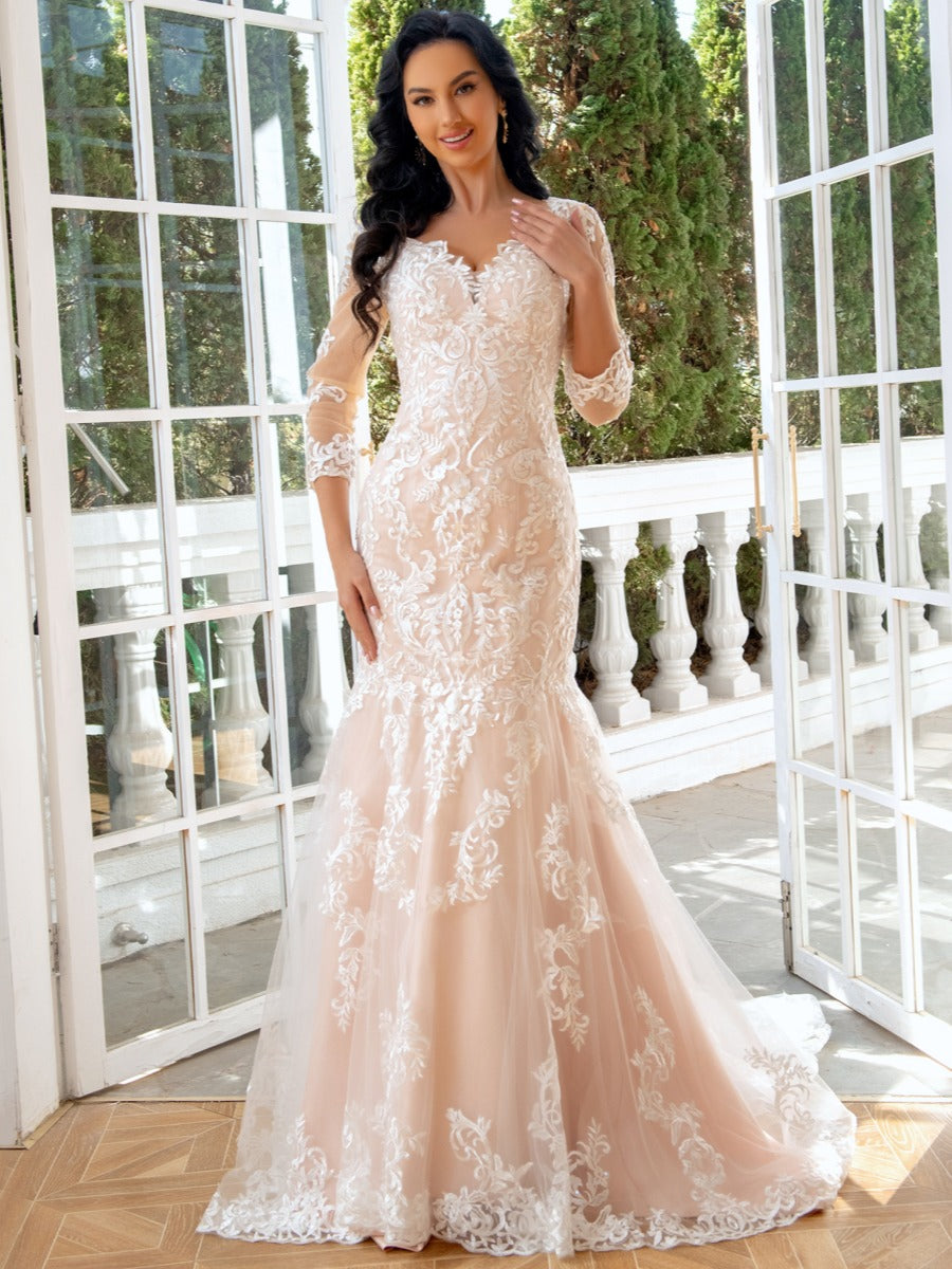 sweetheart trumpet lace wedding dress Lace Wedding Dress 2026 Mermaid Applique Long Pink Sweetheart