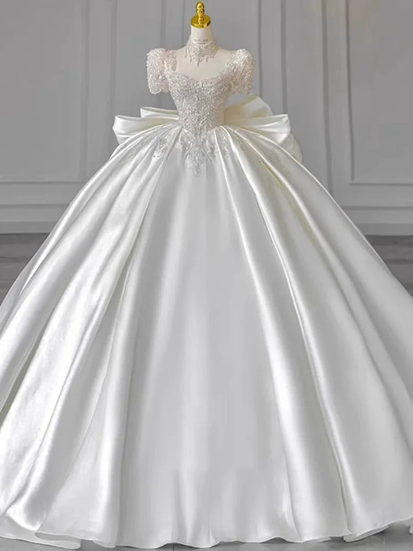 Ball Gown Sweetheart Short Sleeves Floor-Length Wedding Dresses with Lace Appliques & Beads & Oversized Bow