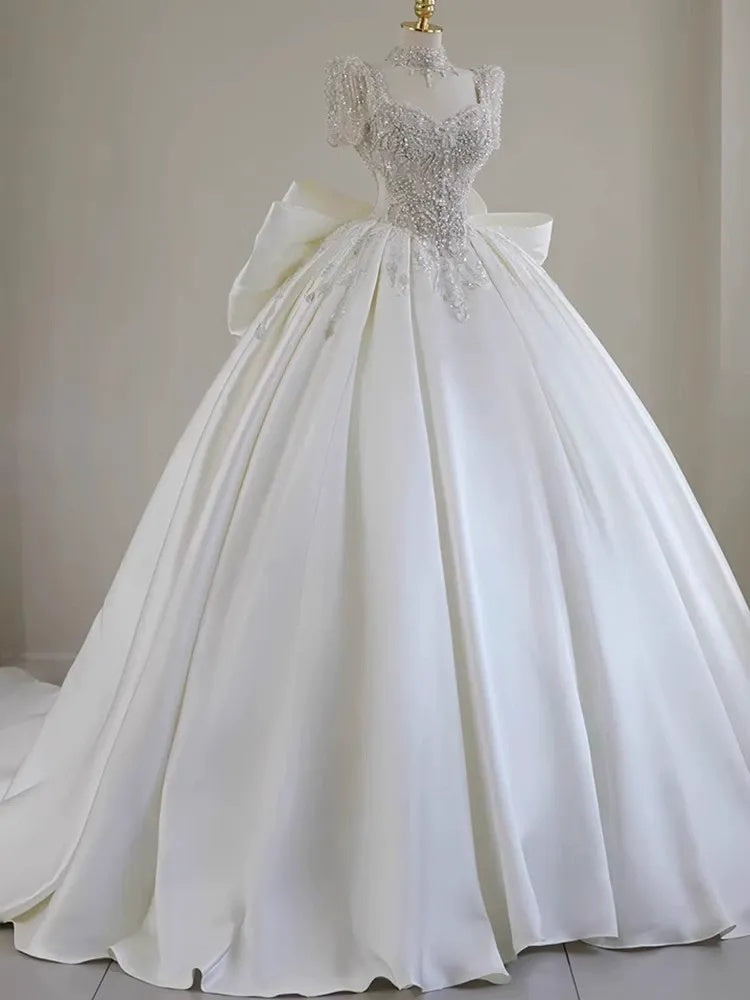 Ball Gown Sweetheart Short Sleeves Floor-Length Wedding Dresses with Lace Appliques & Beads & Oversized Bow