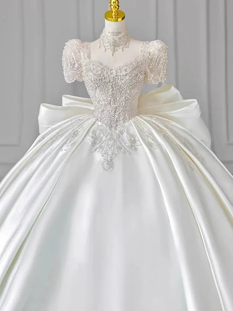Ball Gown Sweetheart Short Sleeves Floor-Length Wedding Dresses with Lace Appliques & Beads & Oversized Bow