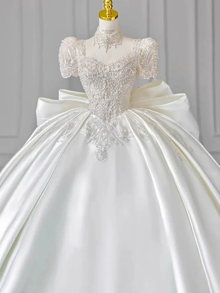 Ball Gown Sweetheart Short Sleeves Floor-Length Wedding Dresses with Lace Appliques & Beads & Oversized Bow