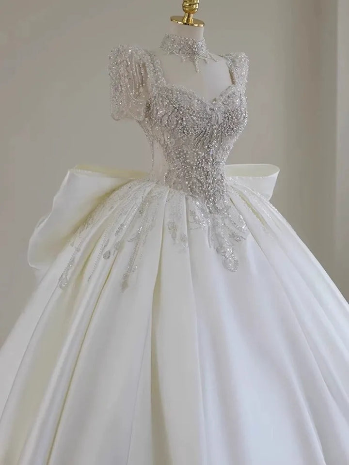 Ball Gown Sweetheart Short Sleeves Floor-Length Wedding Dresses with Lace Appliques & Beads & Oversized Bow