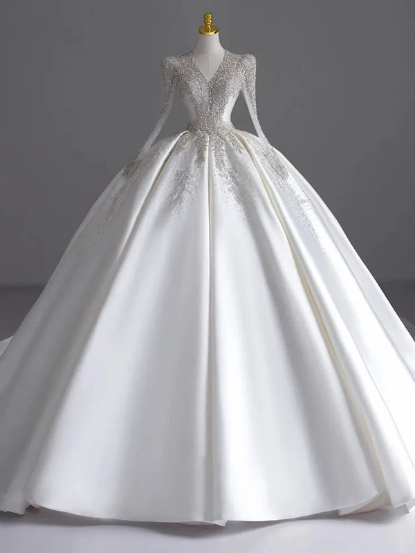 Ball Gown V-Neck Long Sleeves Pleated Floor-Length Wedding Dresses with Jewel Appliques