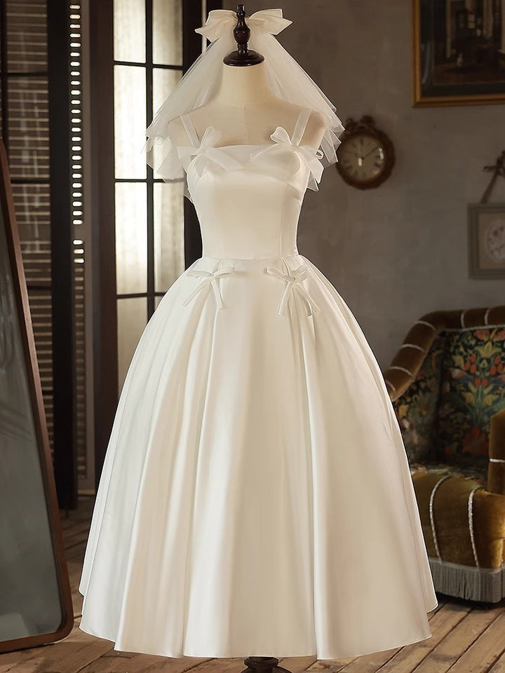 A-Line/Princess Spaghetti Straps Sleeveless Tea-Length Pleated Wedding Dresses with Bows & Lace-up