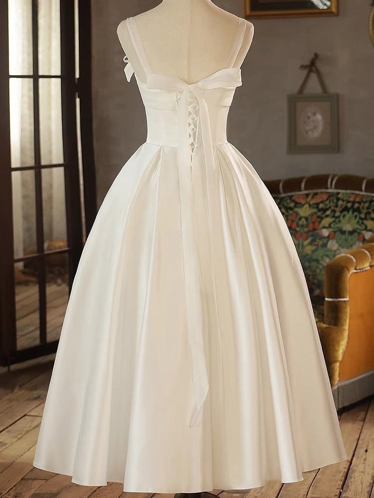 A-Line/Princess Spaghetti Straps Sleeveless Tea-Length Pleated Wedding Dresses with Bows & Lace-up