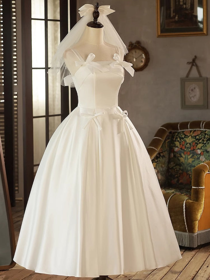 A-Line/Princess Spaghetti Straps Sleeveless Tea-Length Pleated Wedding Dresses with Bows & Lace-up