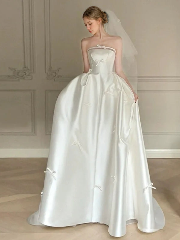 Ball Gown Off-the-shoulder Sleeveless Floor-Length Wedding Dresses with Tulle & Bows