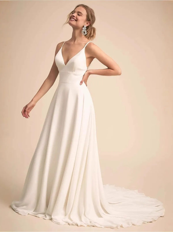 A-Line/Princess Spaghetti Straps Sleeveless Sweep Train Wedding Dresses with Lace Appliques & Buttons
