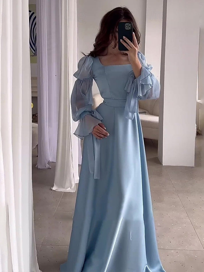 A-Line Wedding Guest Dress 2026 Dusty Blue Square Neck Long Puff Sleeve Chiffon Maxi Gown with Waist Tie Elegant Formal Party Dress, As Pic / S A-Line Wedding Guest Dress 2026 Dusty Blue Square Neck Long Puff Sleeve Chiffon Maxi Gown with Waist Tie Elegant Formal Party Dress, As Pic / S