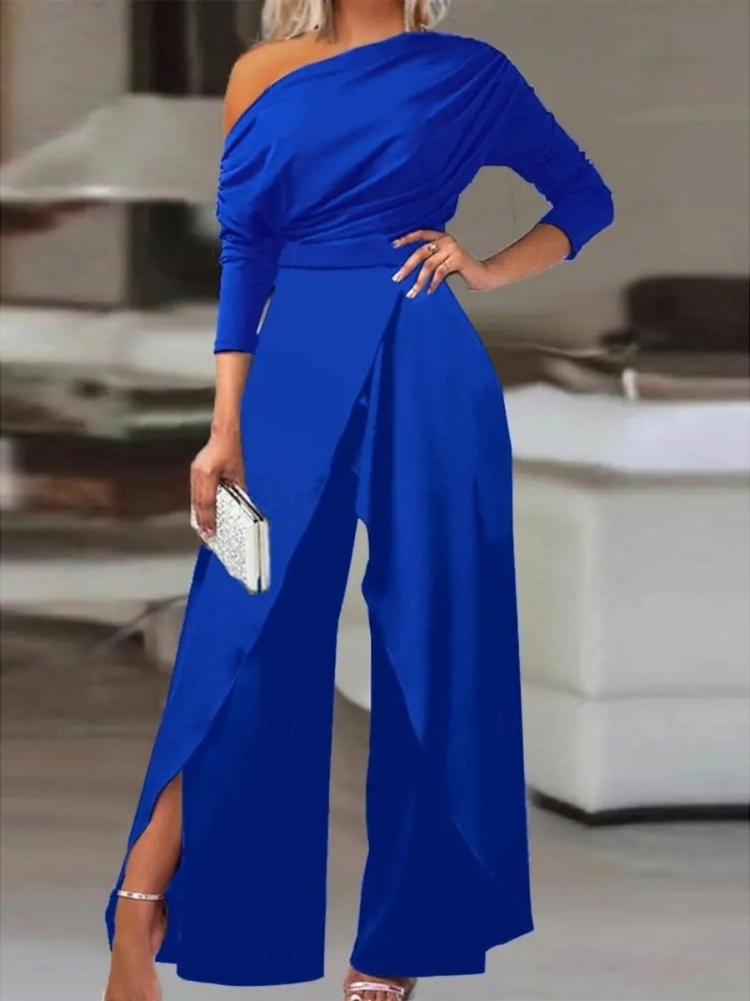 One-shoulder 3/4 Sleeves Ankle-Length Ruched Wedding Guest