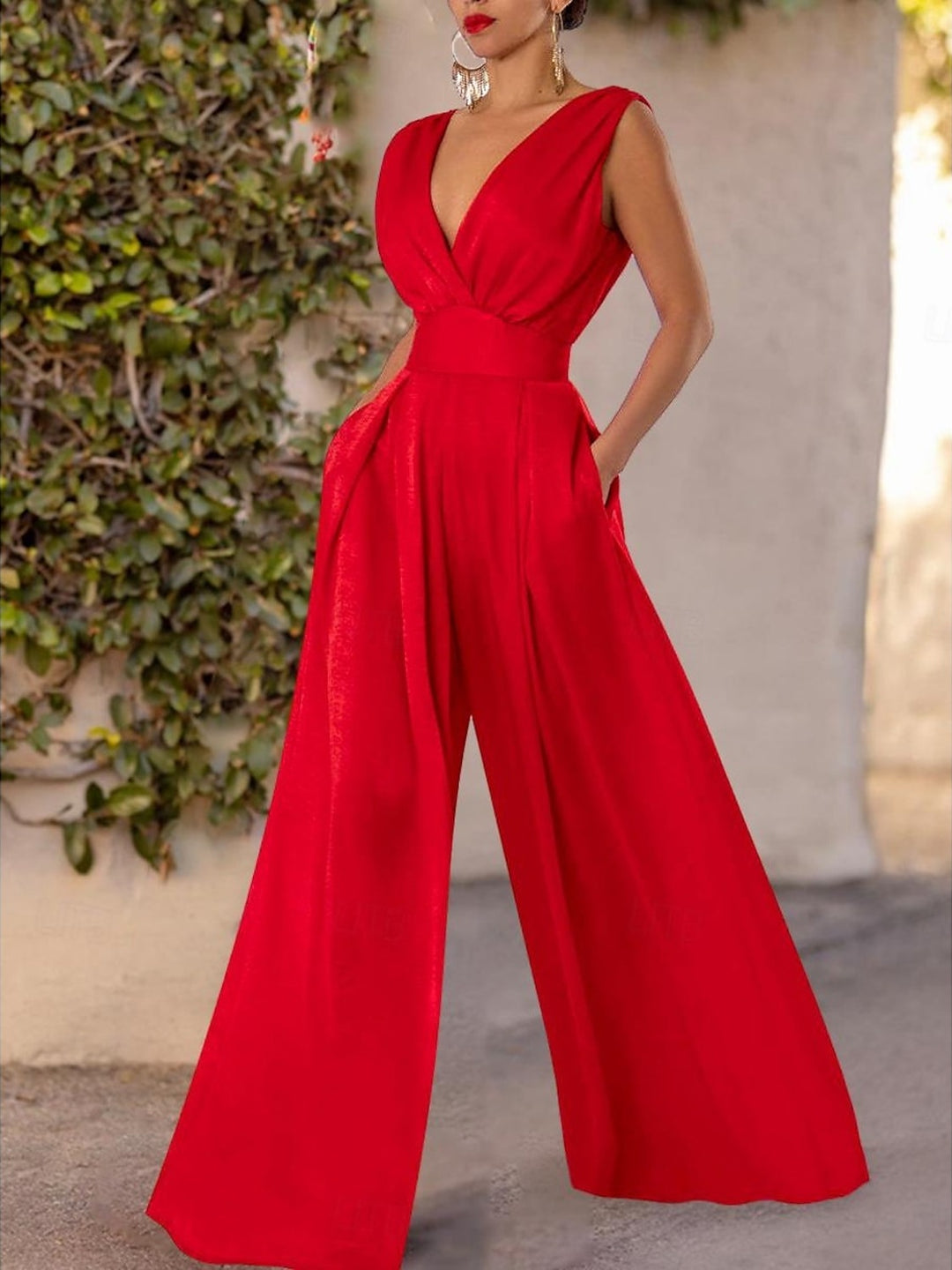Red Wedding Guest Jumpsuit 2026 Deep V Neck Sleeveless Wide Leg Palazzo Pants with Pockets Elegant Formal Evening Party Outfit, As Pic / S