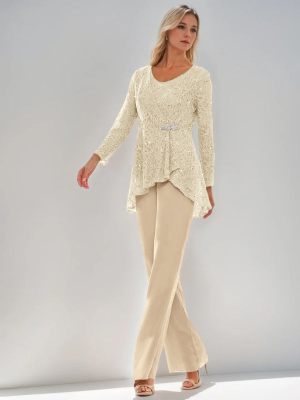 3 Pieces Scoop Sleeveless Floor-Length Wedding Guest Pantsuits with Lace Ruffles & Sequins