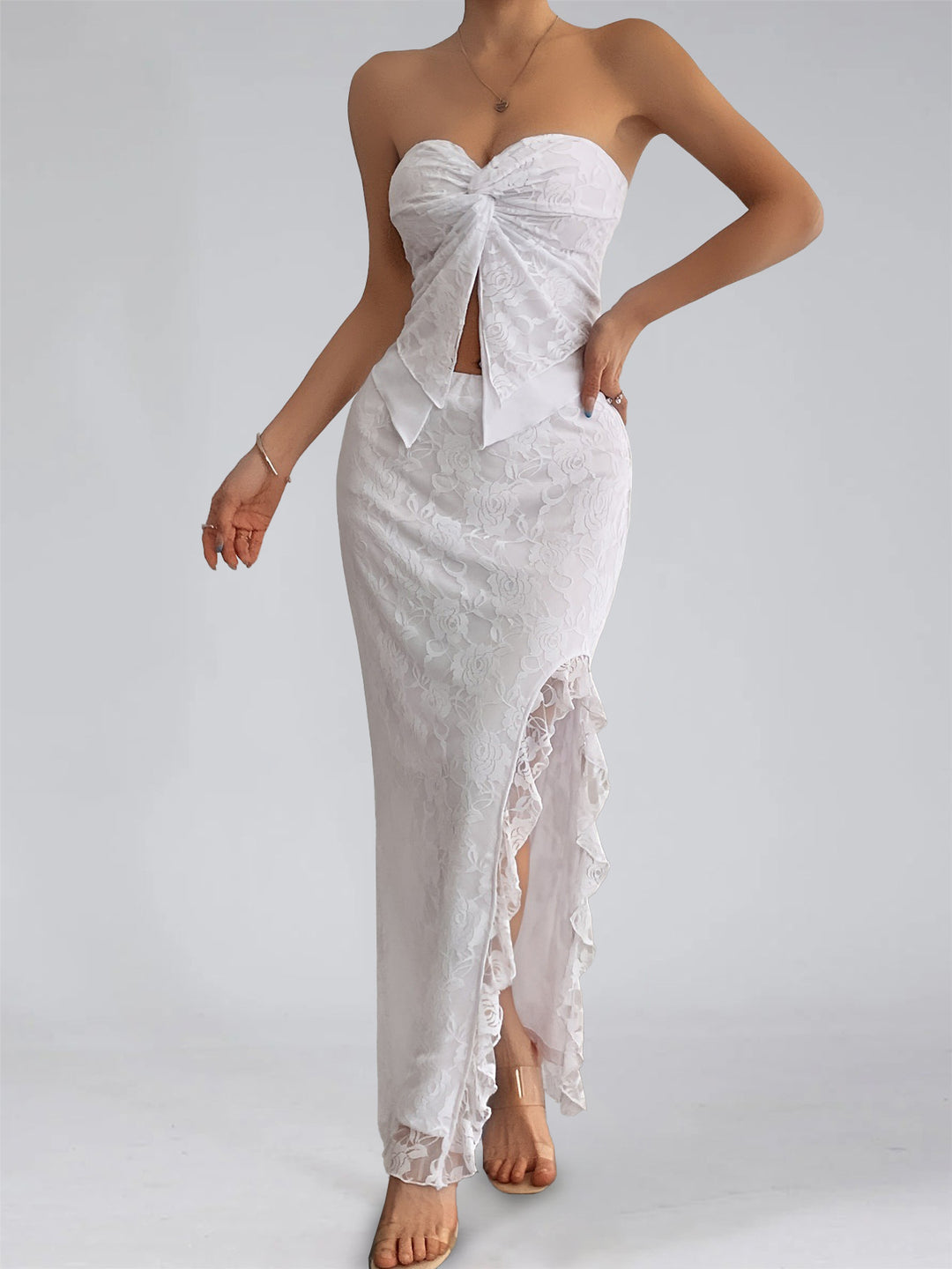 Strapless Lace Wedding Guest Dress 2026 White Sweetheart Bow Front Slit Maxi Party Gown, White Strapless Lace Wedding Guest Dress 2026 White Sweetheart Bow Front Slit Maxi Party Gown, White