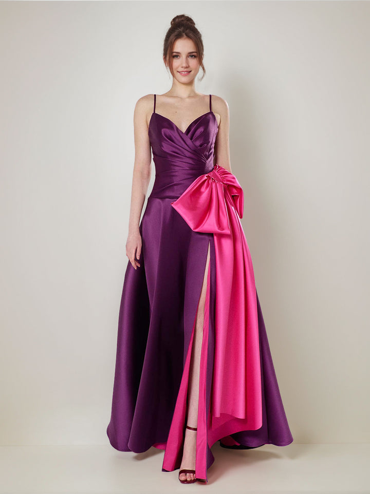 A-Line/Princess Spaghetti Straps Floor-Length Wedding Guest Dresses with Bow & Side Slit