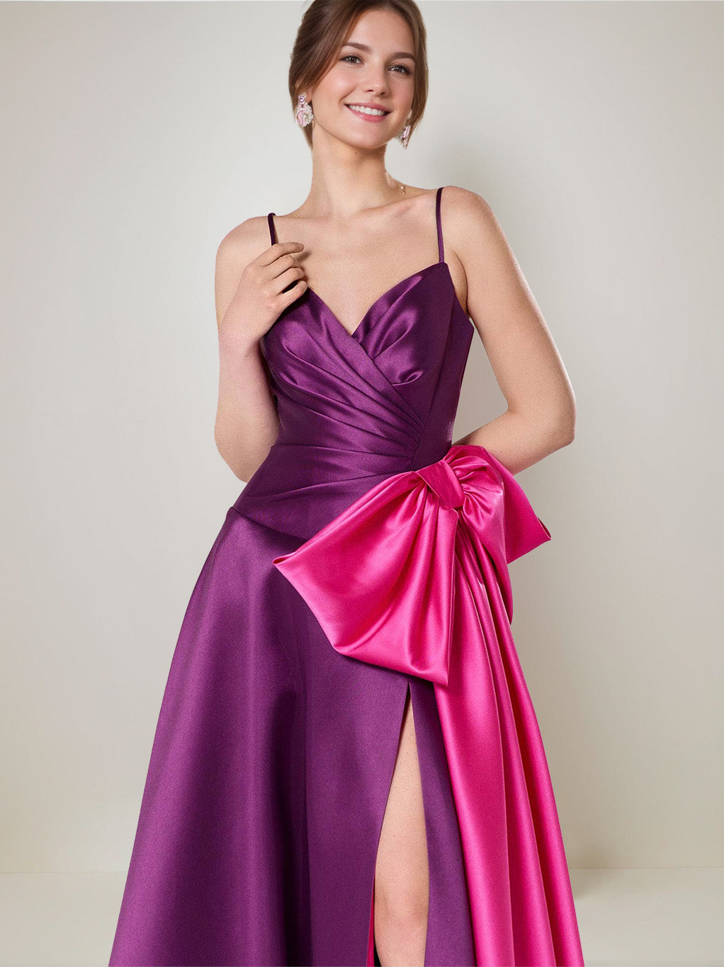 A-Line/Princess Spaghetti Straps Floor-Length Wedding Guest Dresses with Bow & Side Slit