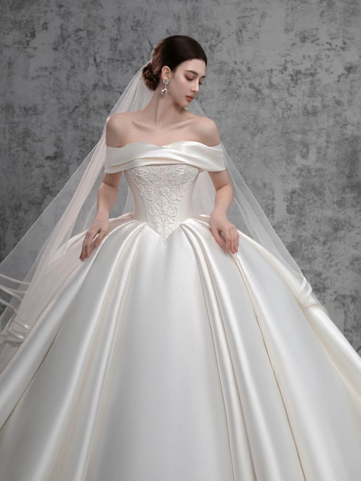 Ball Gown Off-the-Shoulder Floor-Length Wedding Dresses with Appliques & Ruffles