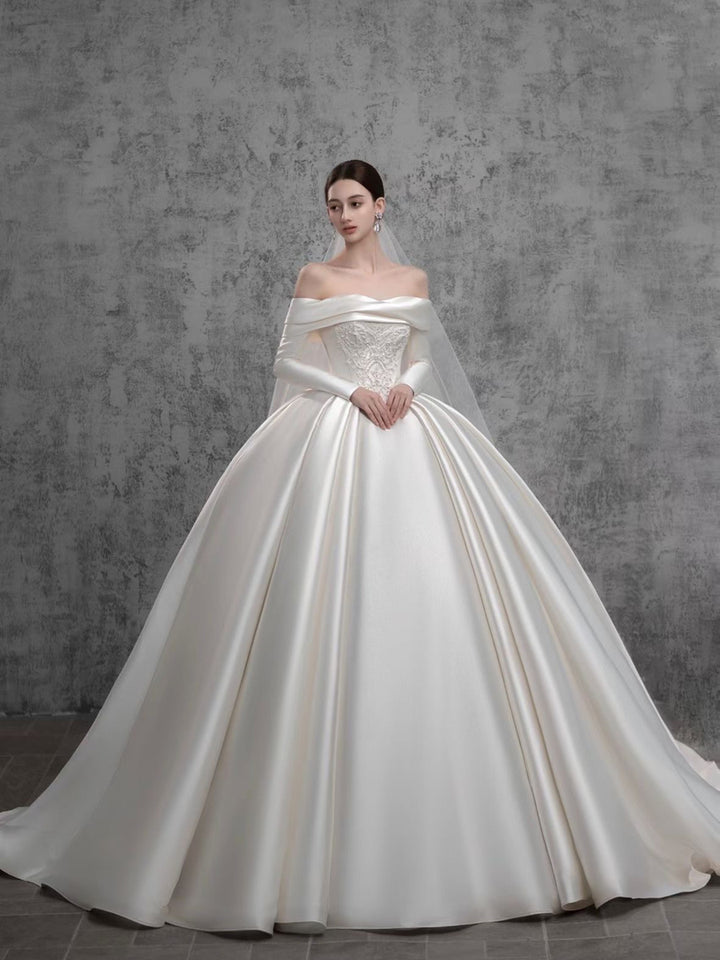 Ball Gown Off-the-Shoulder Floor-Length Wedding Dresses with Appliques & Ruffles