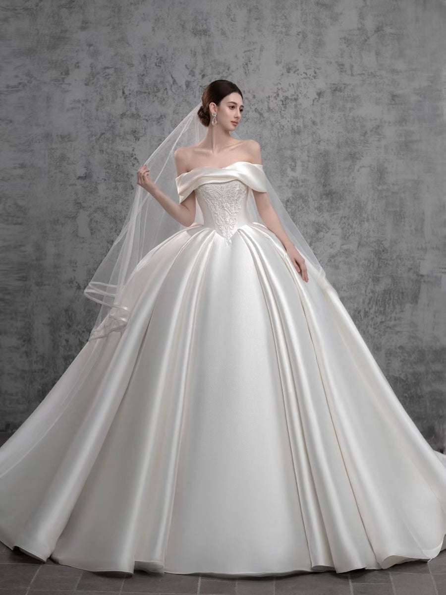 Ball Gown Off-the-Shoulder Floor-Length Wedding Dresses with Appliques & Ruffles