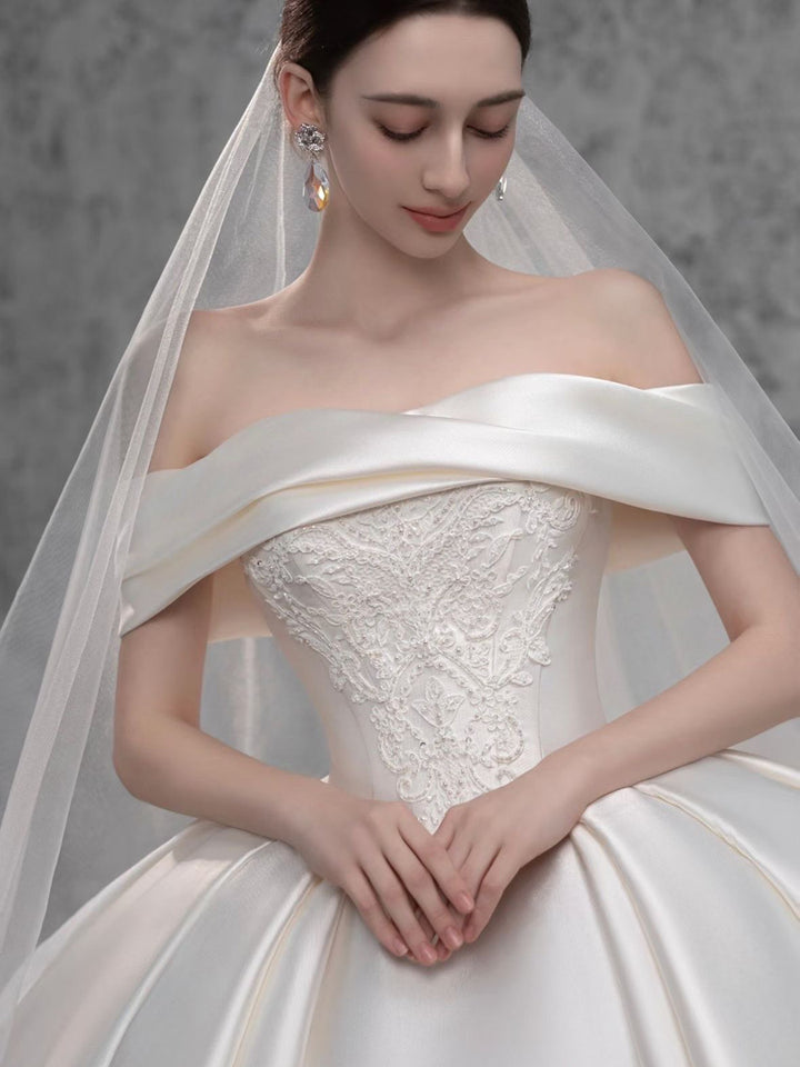 Ball Gown Off-the-Shoulder Floor-Length Wedding Dresses with Appliques & Ruffles