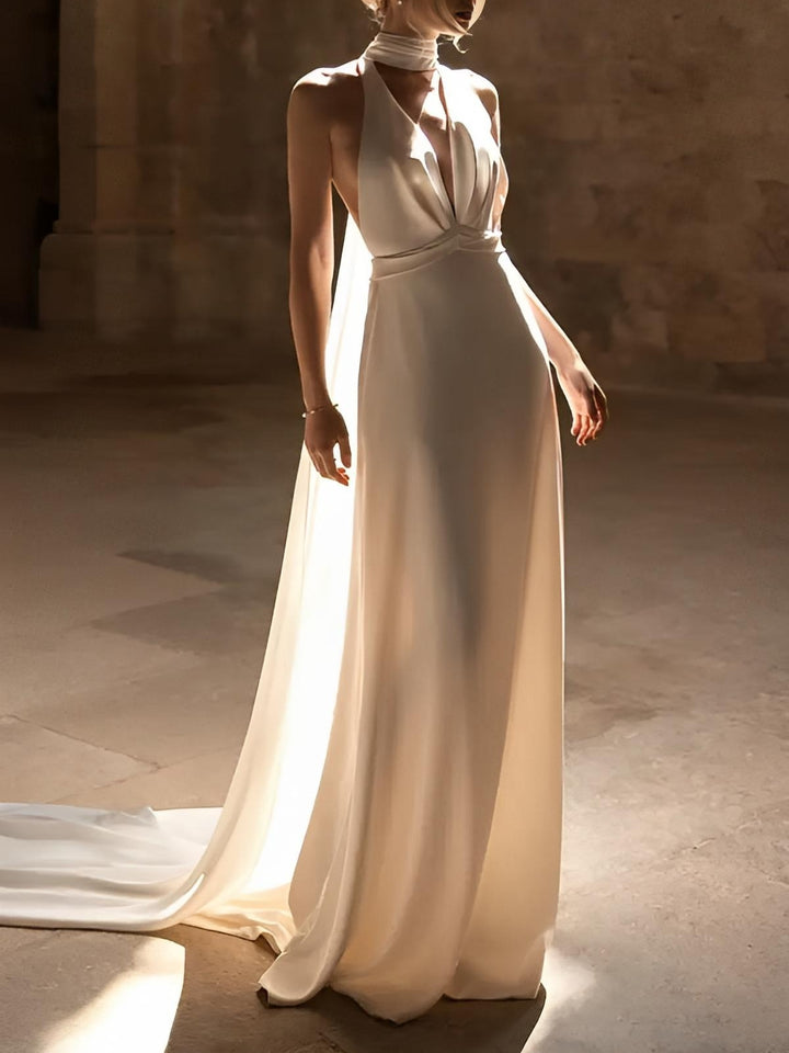 Sheath/Column Halter Sleeveless Sweep Train Ruched Wedding Dresses With Buttons