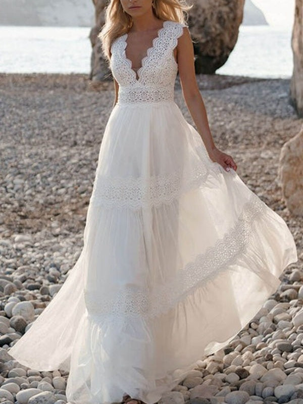 White Lace Bridal Wedding Dresses 2026 for Women A-Line Deep V Neck Sleeveless Beach Boho Gowns, Ivory