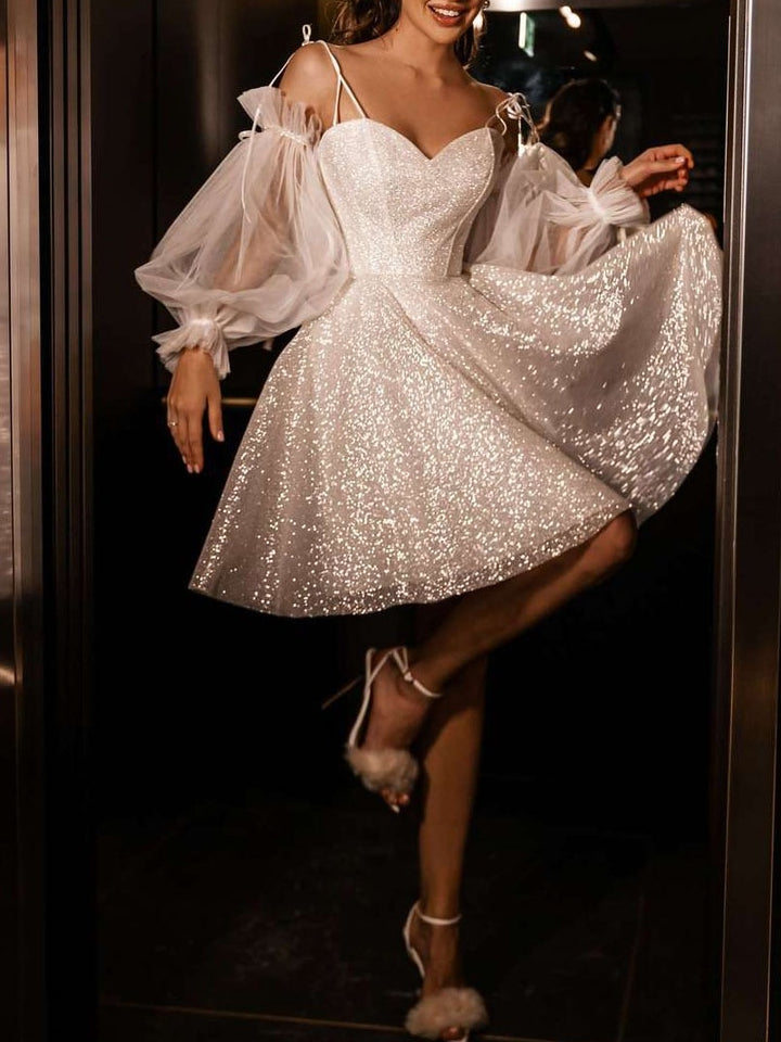 A-Line/Princess Spaghetti Straps Detachable 3/4 Sleeves Short/Mini Wedding Dresses With Sequins