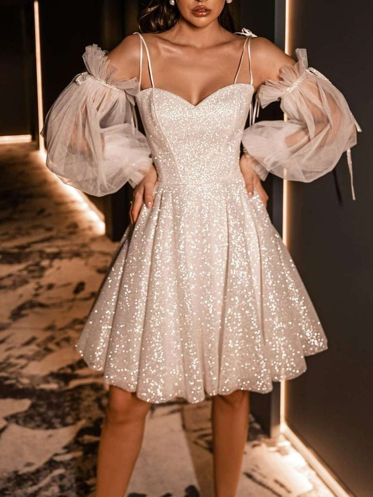 A-Line/Princess Spaghetti Straps Detachable 3/4 Sleeves Short/Mini Wedding Dresses With Sequins