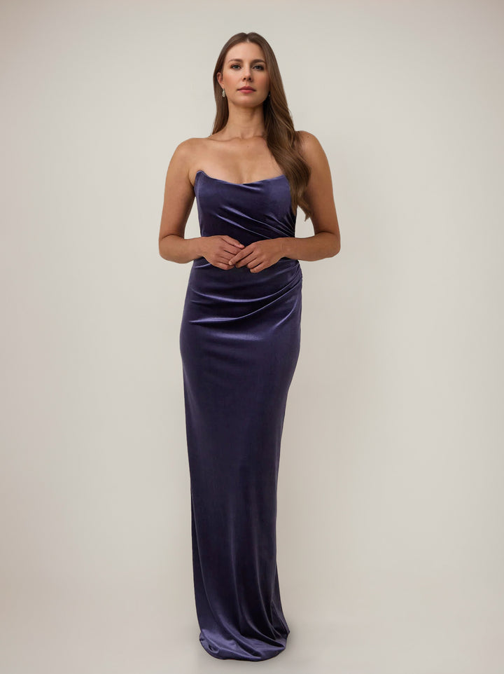 Sheath/Column Strapless Velvet  Wedding Guest Sleeveless Floor-Length Party Dresses with Ruched