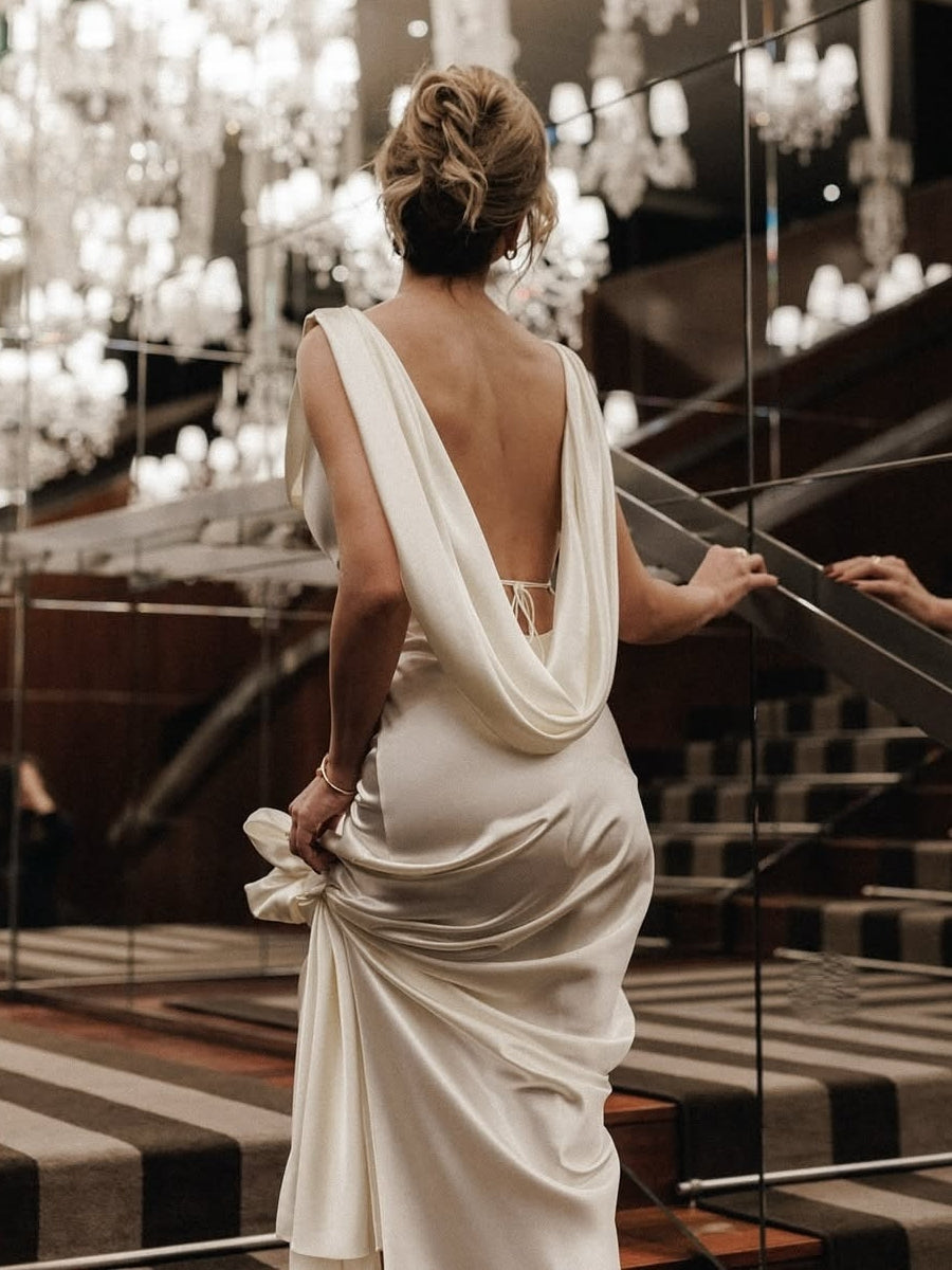 Sheath/Column Scoop Ruched Wedding Dresses with Lace-Up Floor-Length Pleats Sleeveless