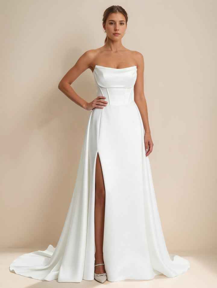 A-Line/Princess Strapless White Satin Wedding Dresses with Split Side Floor-Length Sweep Train