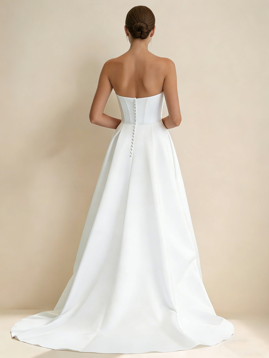 A-Line/Princess Strapless White Satin Wedding Dresses with Split Side Floor-Length Sweep Train