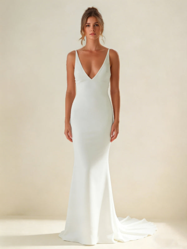 Trumpet/Mermaid Spaghetti Straps Silk Satin Wedding Dresses V-Neck Floor-Length Sweep Train