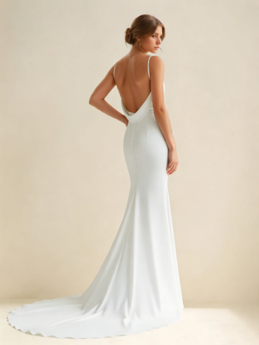 Trumpet/Mermaid Spaghetti Straps Silk Satin Wedding Dresses V-Neck Floor-Length Sweep Train