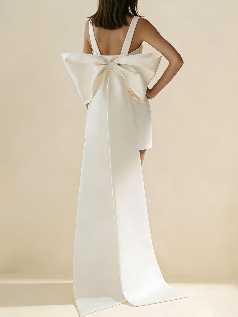 Sheath/Column Short/Mini Square Neck Satin Wedding Dresses Little White Dress with Bow Back Sleeveless