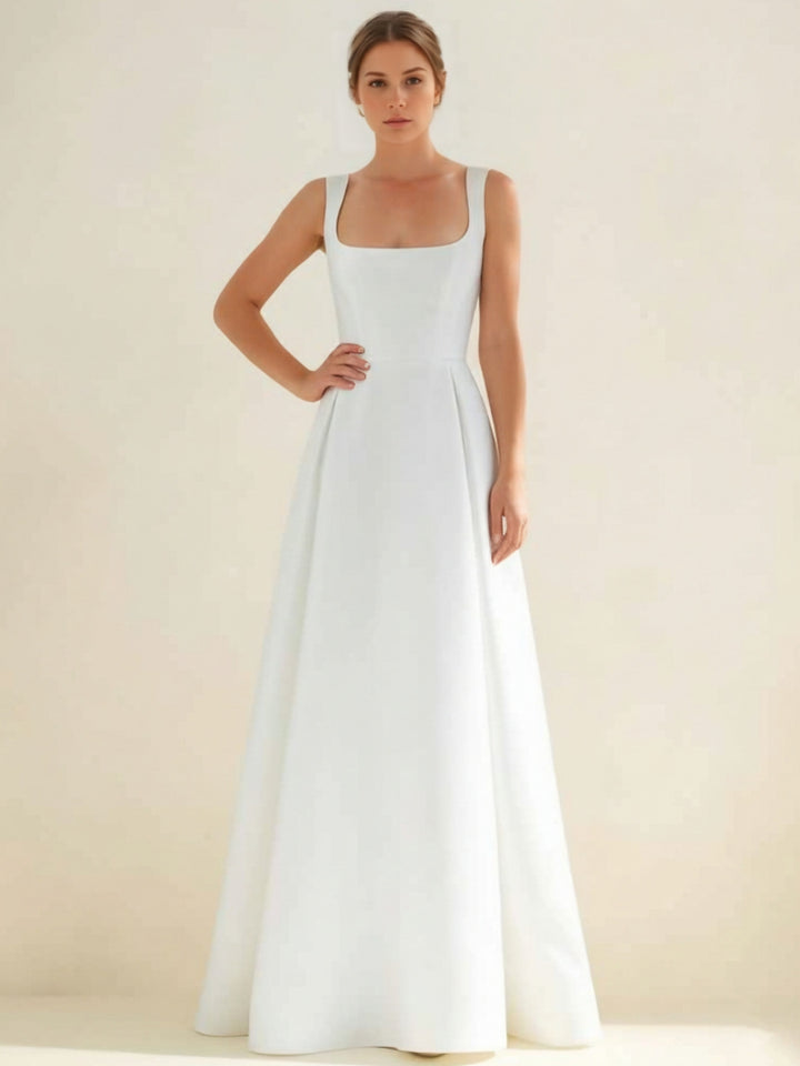 A-Line/Princess Square Neck Satin Wedding Dresses Floor-Length Sleeveless White