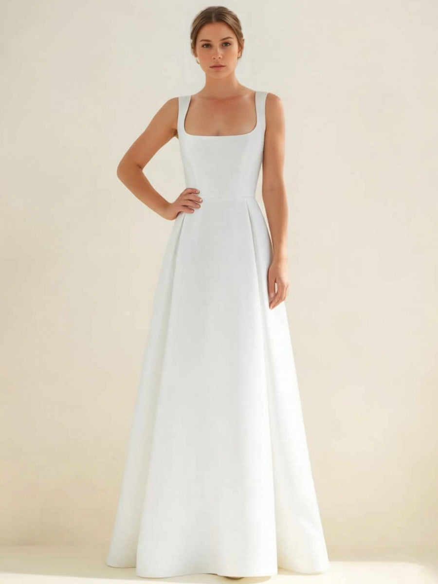 A-Line/Princess Square Neck Satin Wedding Dresses Floor-Length Sleevel - Mondressy A-Line/Princess Square Neck Satin Wedding Dresses Floor-Length Sleevel - Mondressy