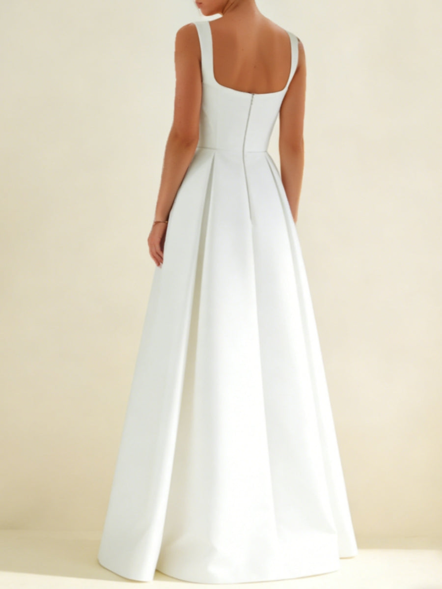 A-Line/Princess Square Neck Satin Wedding Dresses Floor-Length Sleeveless White