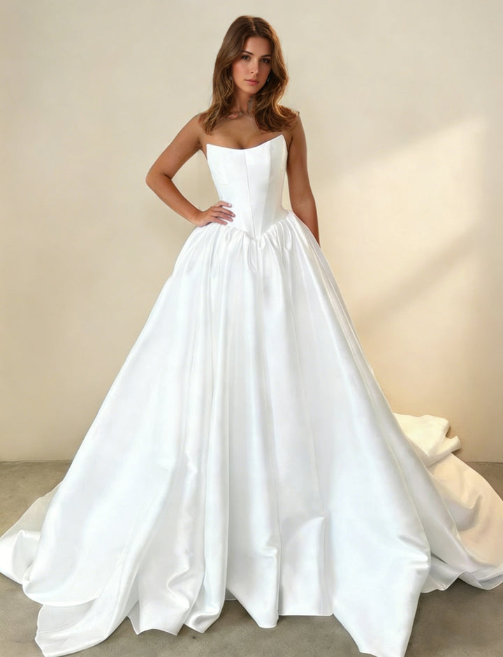 A-Line/Princess Strapless Satin Wedding Dresses Floor-Length Sweep Train Ball Gown Ruffles
