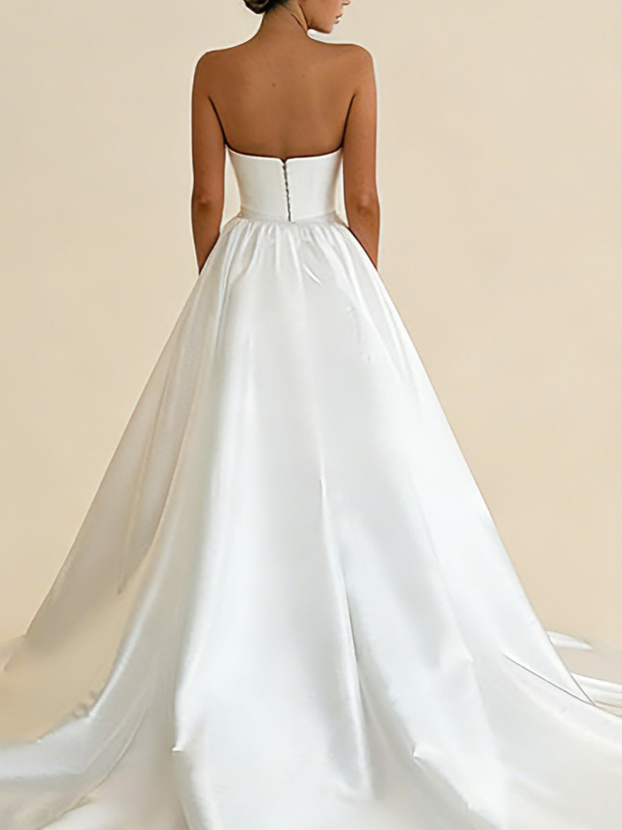 A-Line/Princess Strapless Satin Wedding Dresses Floor-Length Sweep Train Ball Gown Ruffles