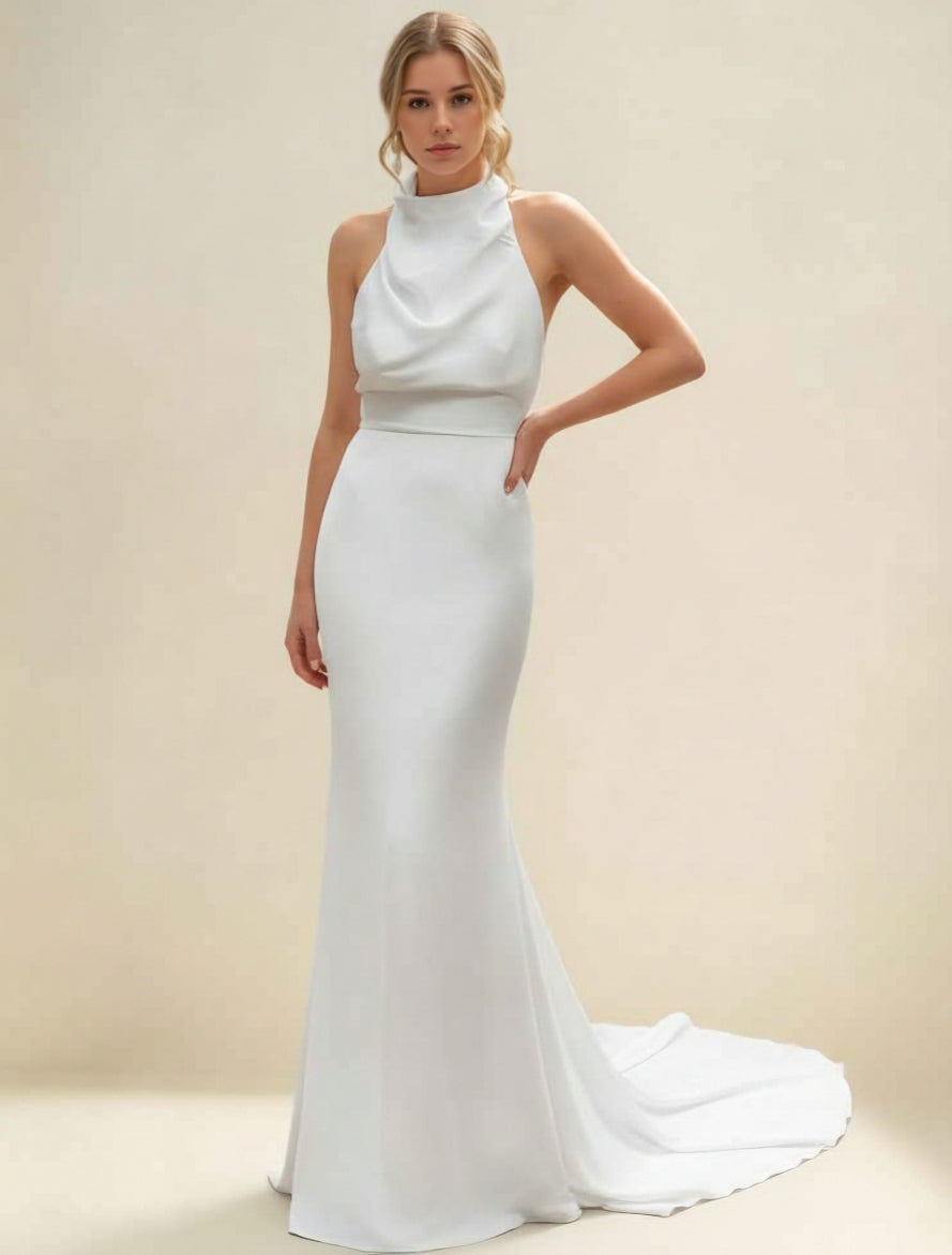 Trumpet/Mermaid Halter Satin Wedding Dresses Floor-Length Sweep Train Sleeveless