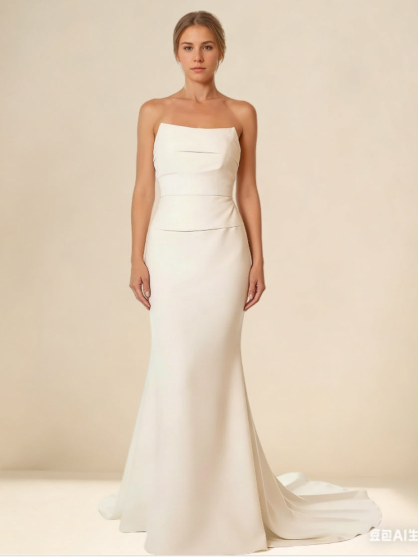 White Wedding Dress 2026 Strapless Straight Neck Sleeveless Sheath Floor-Length Minimal Bridal Gown with Sweep Train