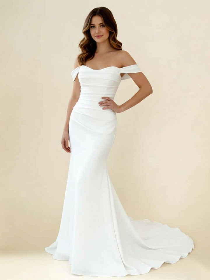 Trumpet/Mermaid Off-the-Shoulder Chiffon Wedding Dresses Floor-Length Sweep Train Sleeveless Ruched
