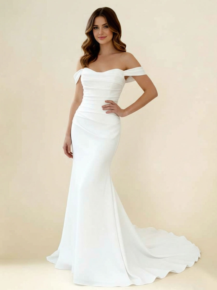 White Wedding Dress 2026 Off-the-Shoulder Straight Neck Short Sleeve Ruched Sheath Floor-Length Minimal Bridal Gown with Sweep Train, White White Wedding Dress 2026 Off-the-Shoulder Straight Neck Short Sleeve Ruched Sheath Floor-Length Minimal Bridal Gown with Sweep Train, White