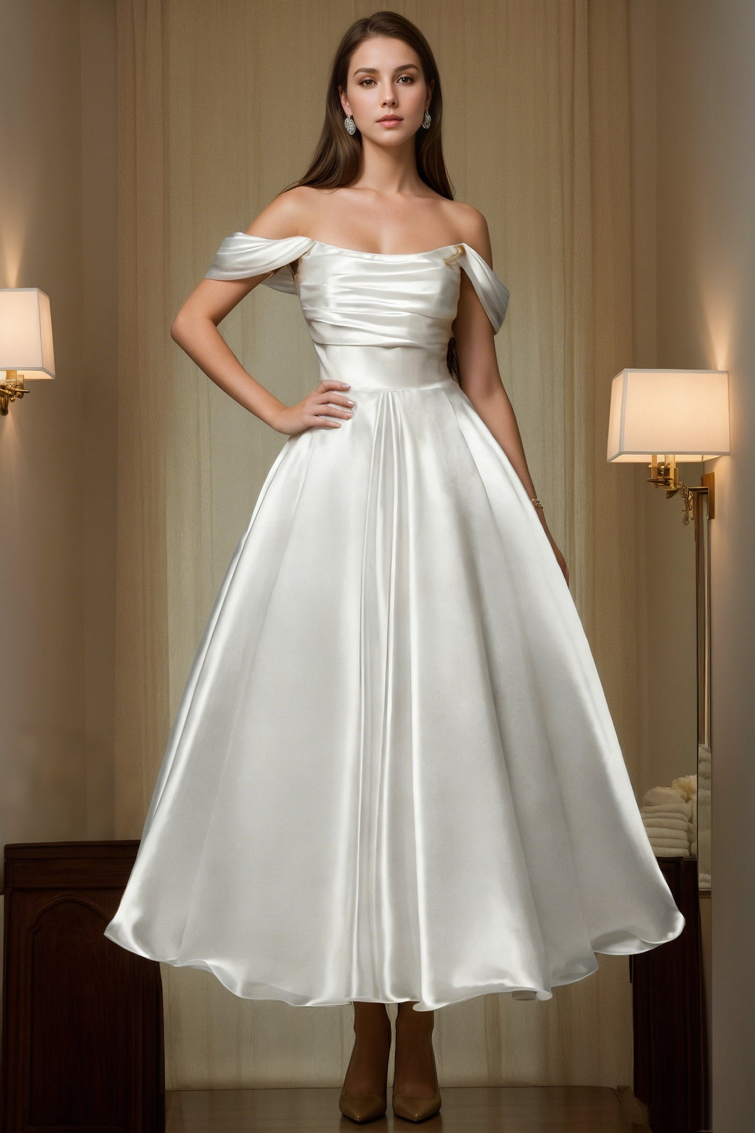A-Line/Princess Off-the-Shoulder Silk Satin Wedding Dresses Ankle-Length Sleeveless Ruched