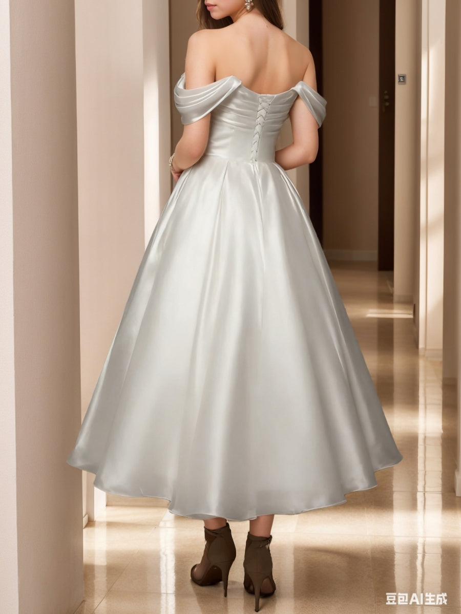 A-Line/Princess Off-the-Shoulder Silk Satin Wedding Dresses Ankle-Length Sleeveless Ruched