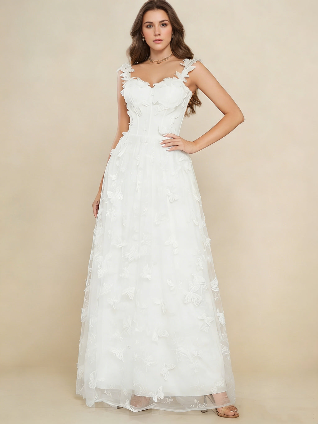 A-Line/Princess Sweetheart Wedding Dresses Lace 3D Butterfly Floor-Length Sleeveless