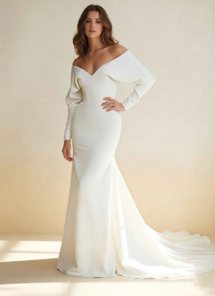 Trumpet/Mermaid Off-the-Shoulder Stretch Satin Wedding Dresses Plunge Neck Floor-Length Court Train Long Sleeves