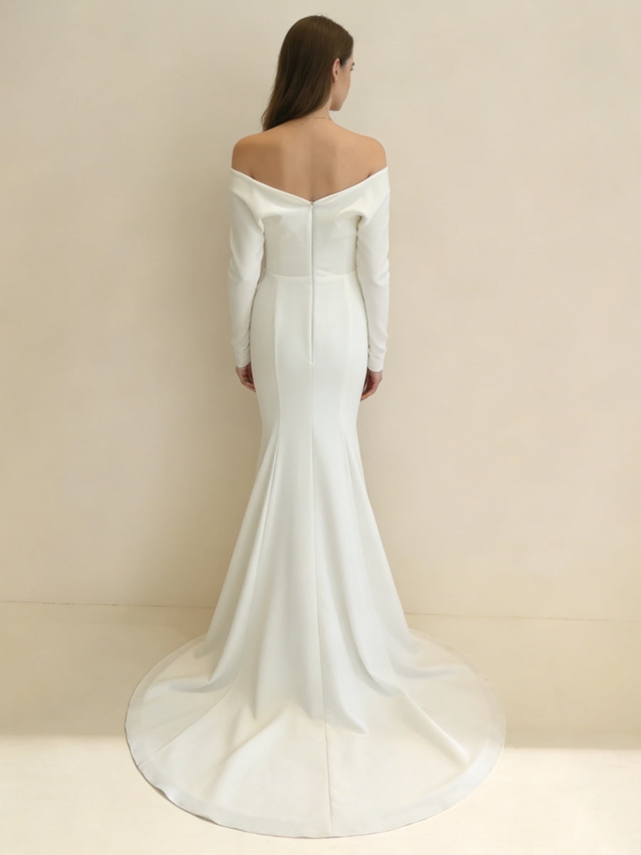 Trumpet/Mermaid Off-the-Shoulder Stretch Satin Wedding Dresses Plunge Neck Floor-Length Court Train Long Sleeves