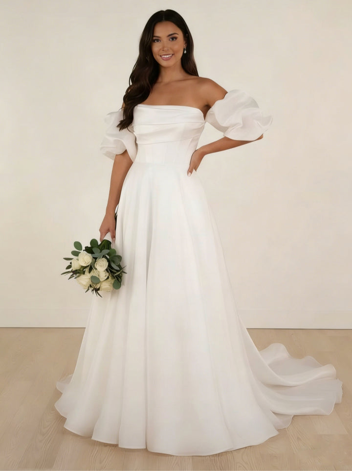 A-Line/Princess Off-the-Shoulder Satin Wedding Dresses Floor-Length Court Train Detachable Sleeves Ruched